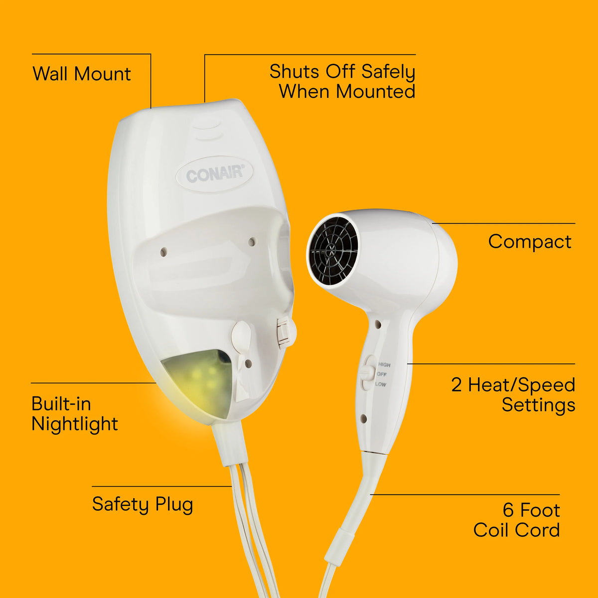 Wall-Mount Hair Dryer with LED Night Light